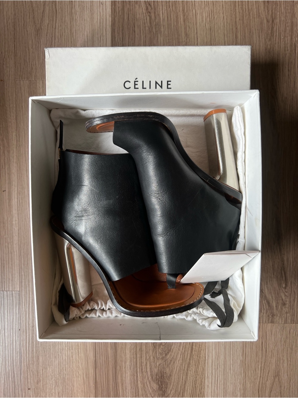 Celine Black Leather Open-Toe Heeled Sandals with Silver Heel